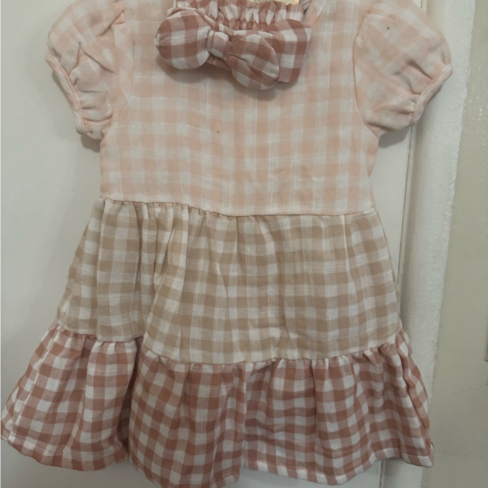Plaid Pink and Tan Dress with Bow